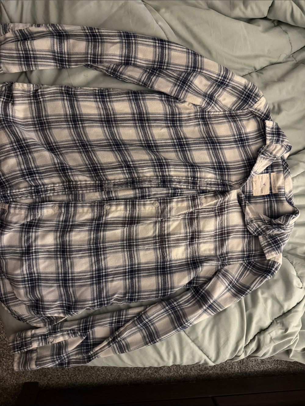 American Eagle Outfitters White and Navy Plaid Button-Down Shirt